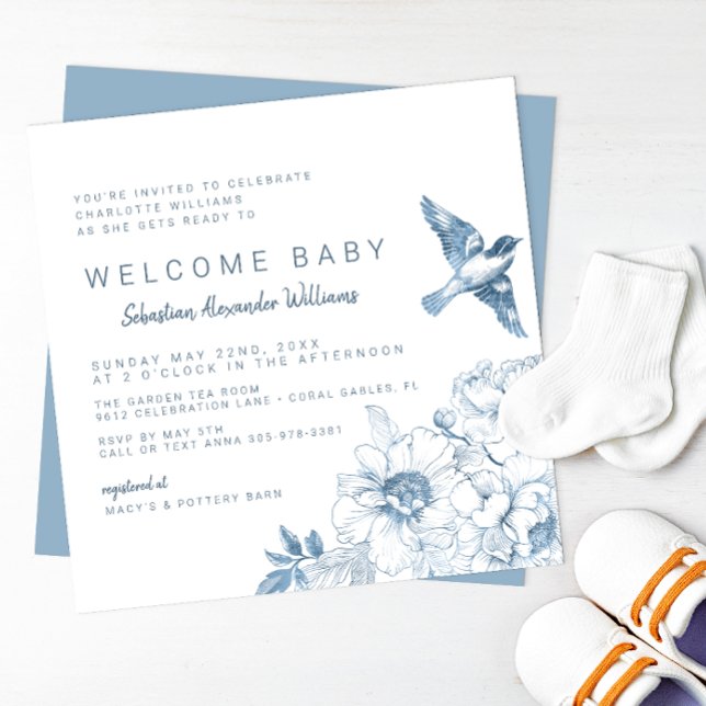 Invitación a Baby Shower Chinoiserie - Floral azul (Dusty Blue Baby Shower Invitation)