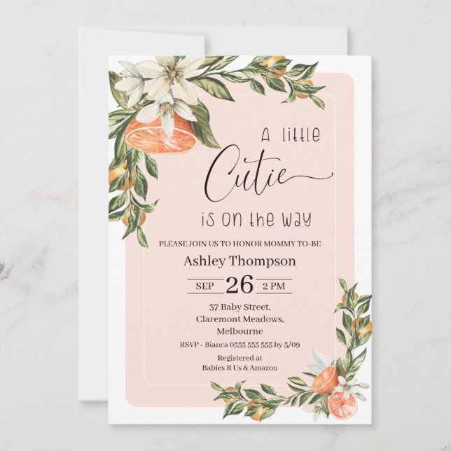 Invitación a Baby Shower Clementine Little Cutie (Anverso)