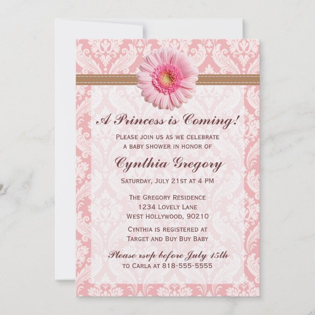 Invitación a Baby Shower color rosa pálido y marró (Anverso)