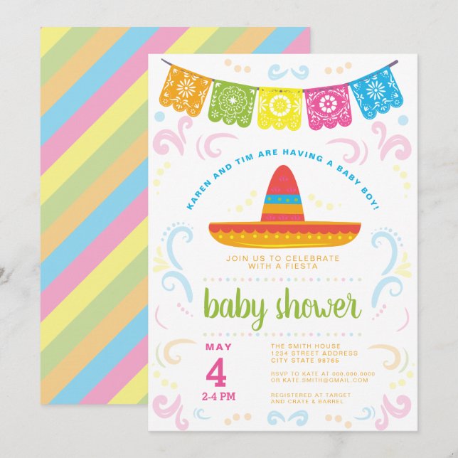 Invitación a Baby Shower Colorful May FIESTA (Anverso / Reverso)