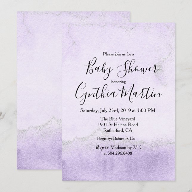 Invitación a baby shower con acuarela morada (Anverso / Reverso)