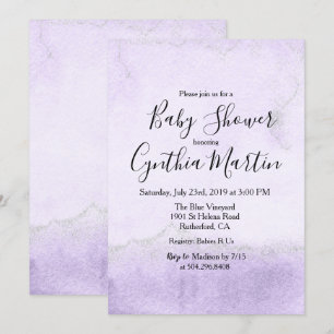Invitación a baby shower con acuarela morada