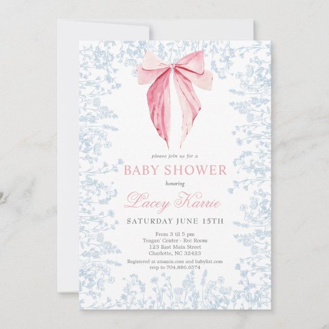Invitación a Baby Shower con arco azul y rosa (Anverso)
