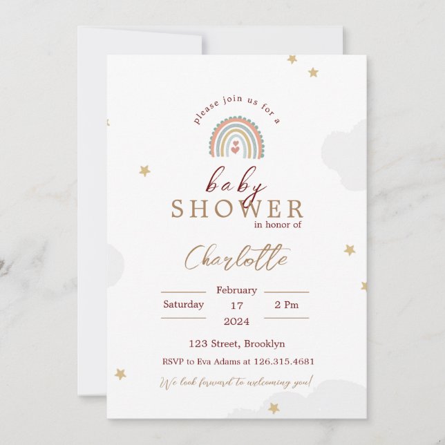 Invitación a Baby Shower con arco iris blanco (Anverso)