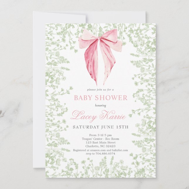 Invitación a Baby Shower con arco rosa y verde (Anverso)