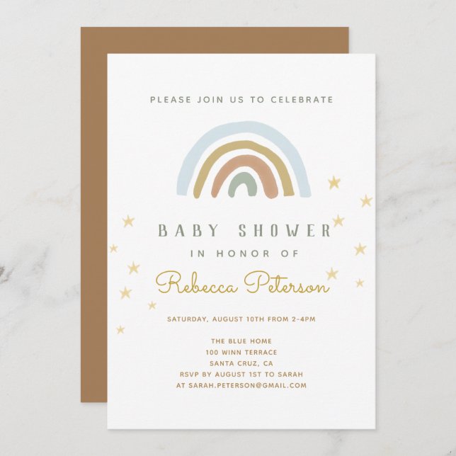 Invitación a Baby Shower con arcoiris (Anverso / Reverso)