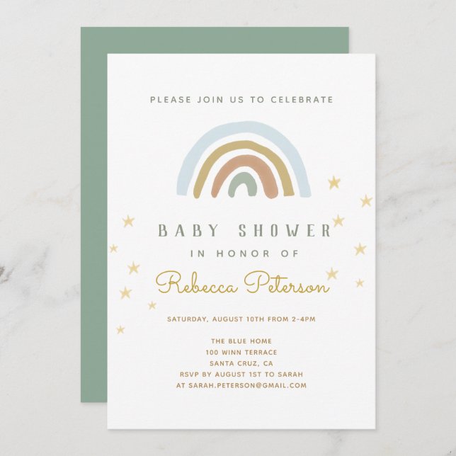 Invitación a Baby Shower con arcoiris (Anverso / Reverso)