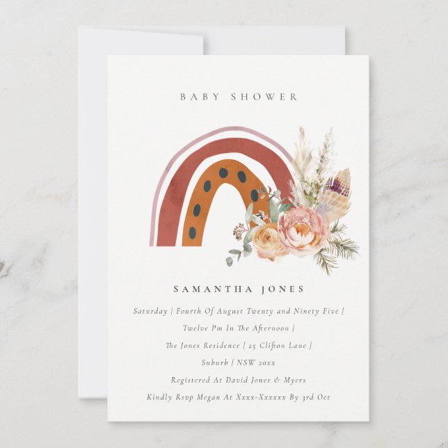 Invitación a Baby Shower con arcoiris floral de bo (Anverso)