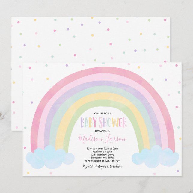 Invitación a Baby Shower con arcoiris Pastel Rainb (Anverso / Reverso)