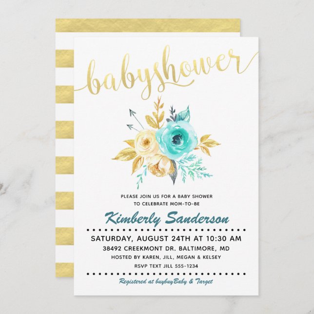 Invitación a Baby Shower con banda de oro Verde az (Anverso / Reverso)