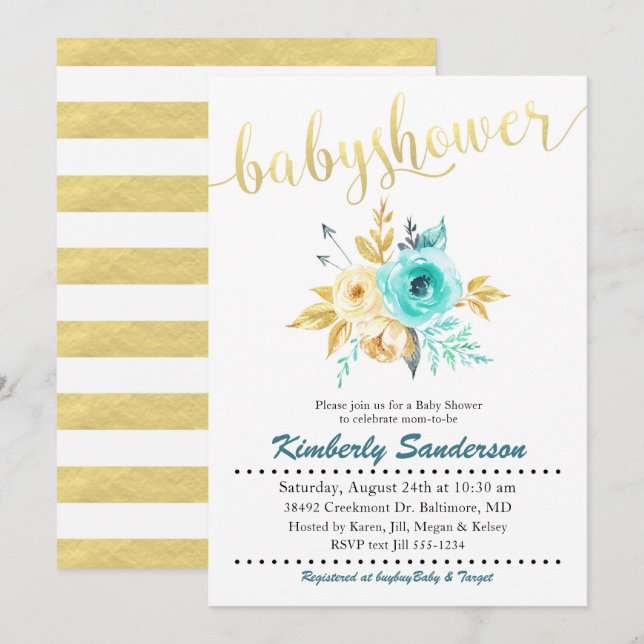 Invitación a Baby Shower con banda dorada floral (Anverso / Reverso)