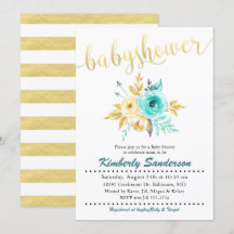 Invitación a Baby Shower con banda dorada floral