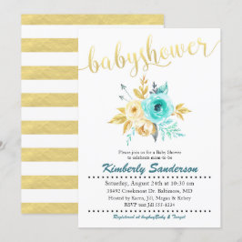 Invitación a Baby Shower con banda dorada floral