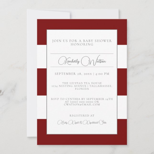 Invitación a Baby Shower con bandas rojas (Anverso)