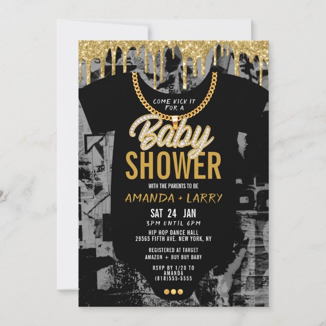 Invitación a baby shower con cadena de Hip Hop (Anverso)