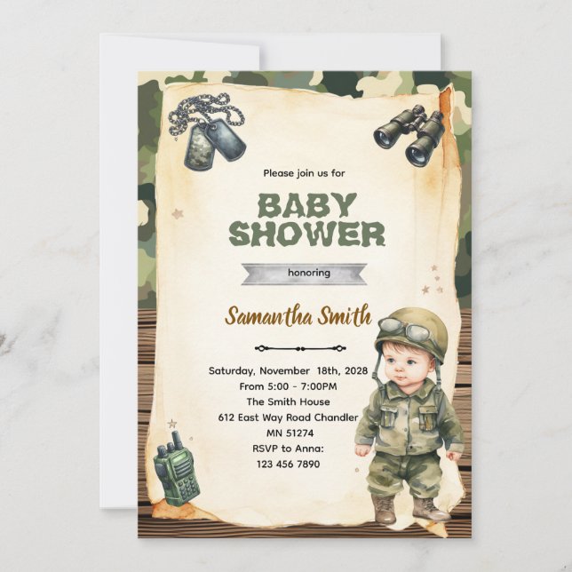 Invitación a baby shower con camuflaje militar (Anverso)