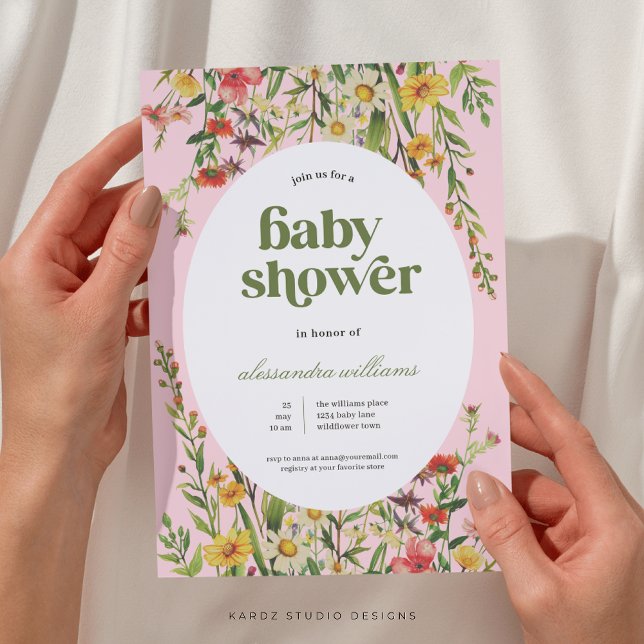 Invitación a Baby Shower con color de agua rosada  (This wildflower baby shower invitation is shown in size 5 x 7 in. Other sizes available.)