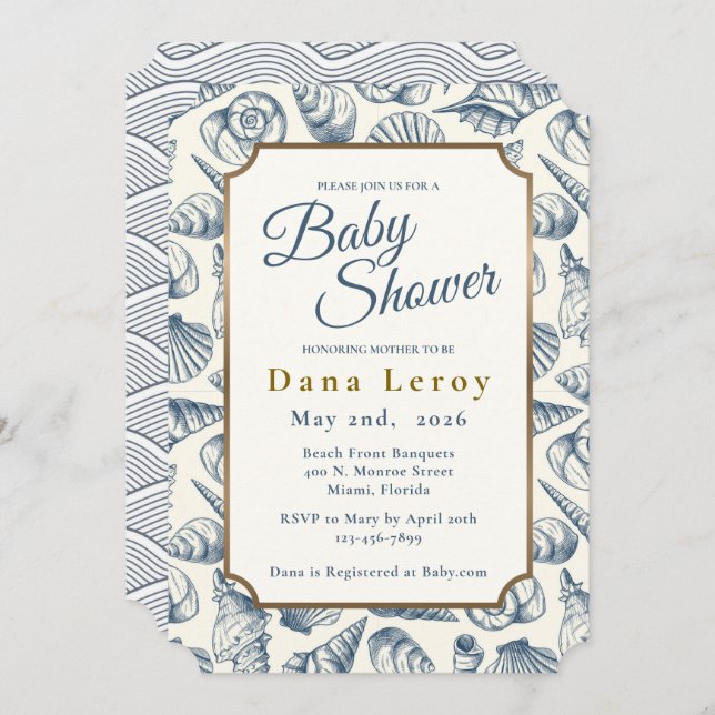 Invitación a Baby Shower con conchas de playa (Anverso / Reverso)
