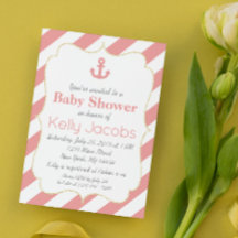 Invitación a Baby Shower con coral y oro náutico