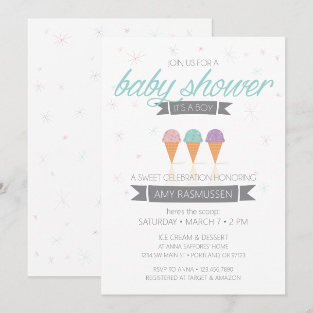 Invitación a Baby Shower con crema de hielo - es u (Anverso / Reverso)