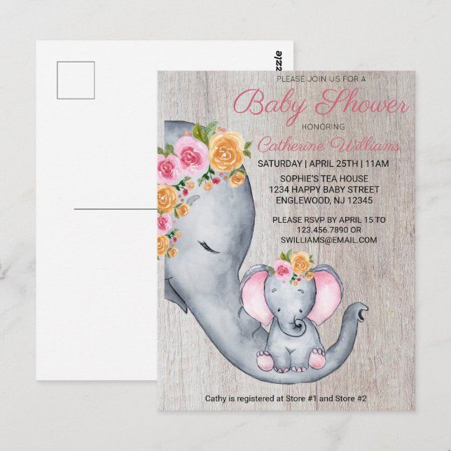 Invitación a Baby Shower con elefante rosa (Anverso / Reverso)