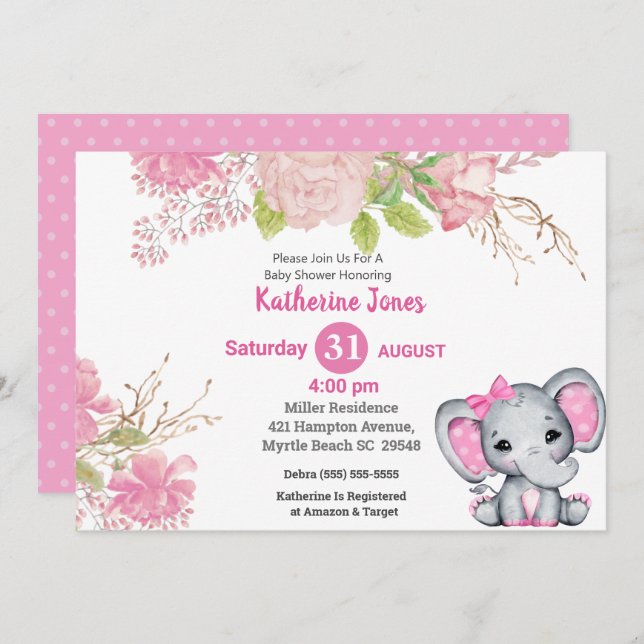Invitación a Baby Shower con elefante rosa (Anverso / Reverso)