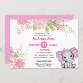 Invitación a Baby Shower con elefante rosa