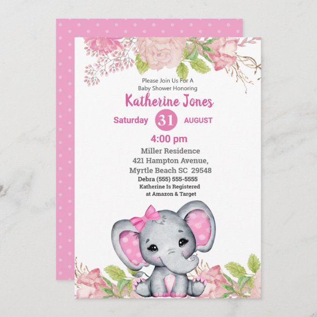 Invitación a Baby Shower con elefante rosa (Anverso / Reverso)