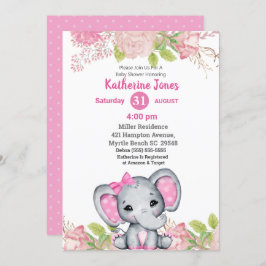 Invitación a Baby Shower con elefante rosa