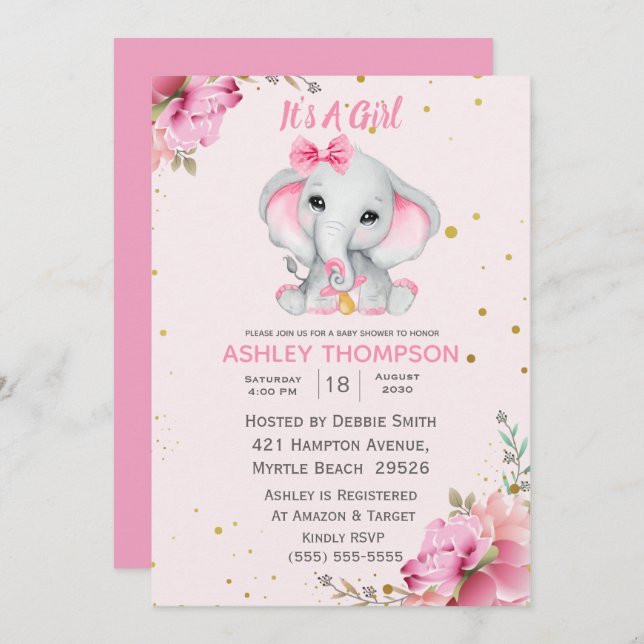 Invitación a Baby Shower con elefante rosa (Anverso / Reverso)