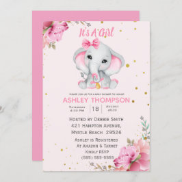 Invitación a Baby Shower con elefante rosa