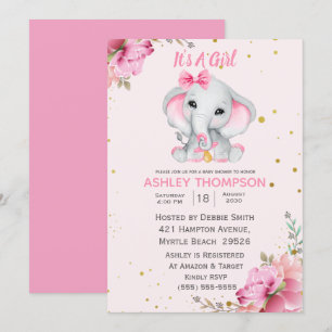 Invitación a Baby Shower con elefante rosa