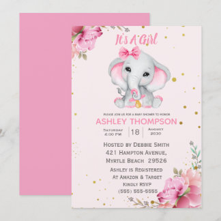Invitación a Baby Shower con elefante rosa