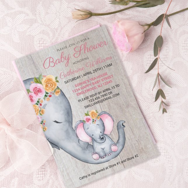Invitación a Baby Shower con elefante rosa (Subido por el creador)
