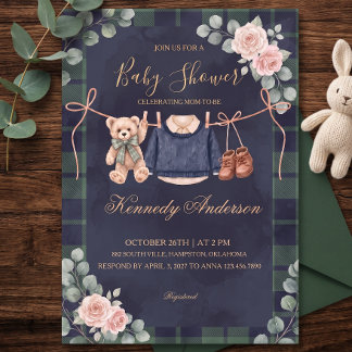 Invitación a baby shower con estampado de osito de