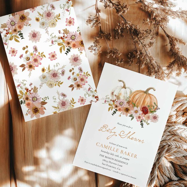 Invitación a Baby Shower con flor de calabaza otoñ (Autumn Pumpkin Floral Girl Baby Shower Invitation)