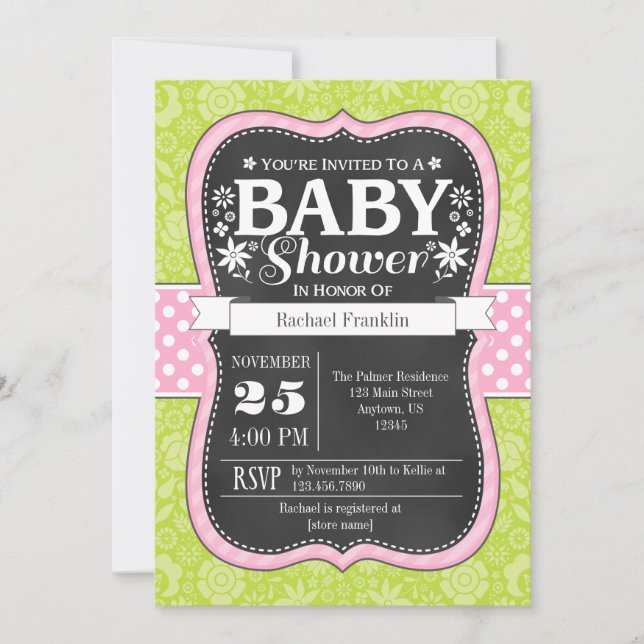 Invitación a Baby Shower con flor de cartón rosa (Anverso)