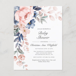 Invitación a Baby Shower con Floral Azul Rosa