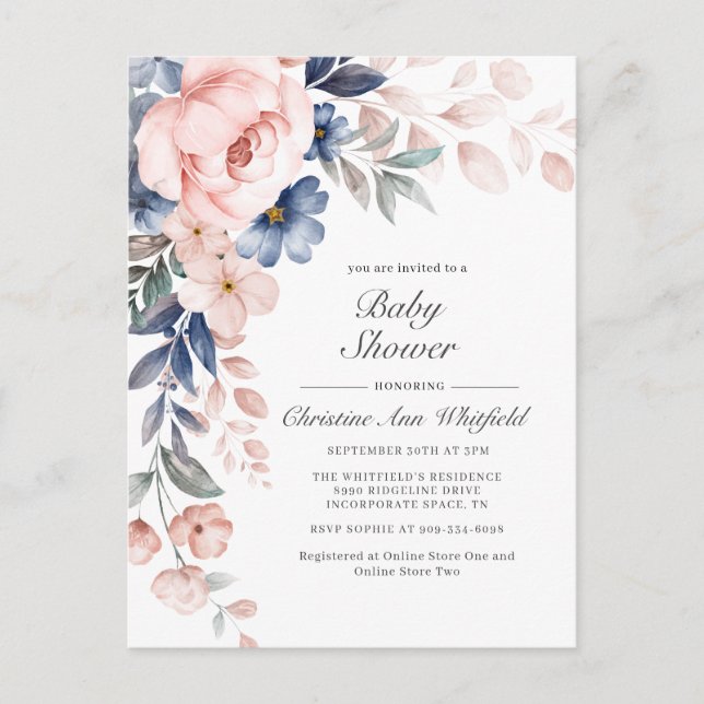 Invitación a Baby Shower con Floral Azul Rosa (Anverso)