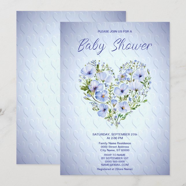 Invitación a Baby Shower con Floral Blue Heart (Anverso / Reverso)