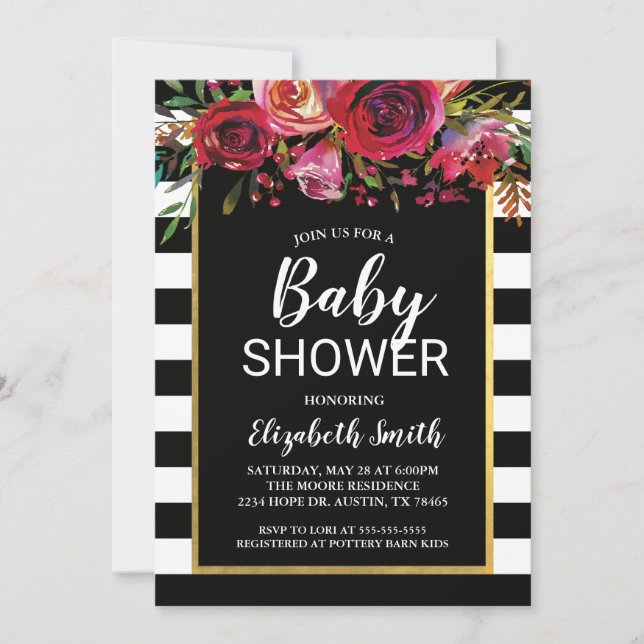 Invitación a Baby Shower con floral de banda negra (Anverso)