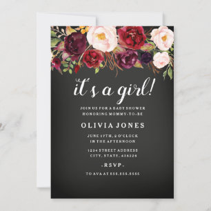 Invitación a Baby Shower con Floral de Burdeos en