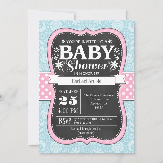 Invitación a Baby Shower con floral de cartón azul (Anverso)