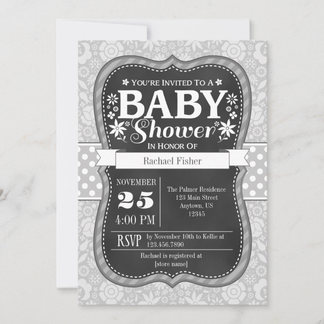 Invitación a Baby Shower con floral de cartón gris (Anverso)