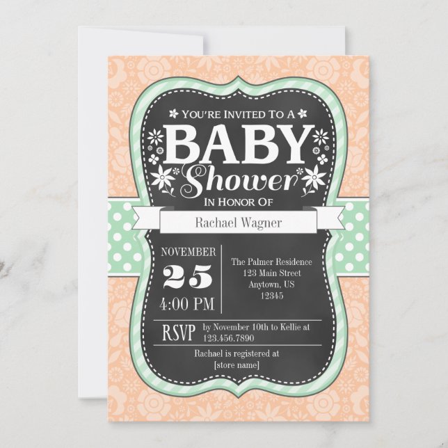 Invitación a Baby Shower con floral de chalkboard  (Anverso)
