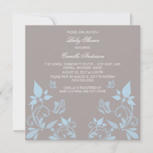 Invitación a Baby Shower con floral de mariposa az