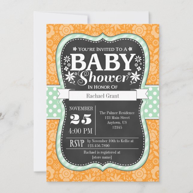 Invitación a Baby Shower con floral de Mint Chalkb (Anverso)