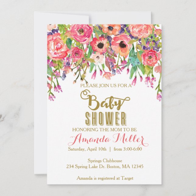 Invitación a Baby Shower con flores (Anverso)