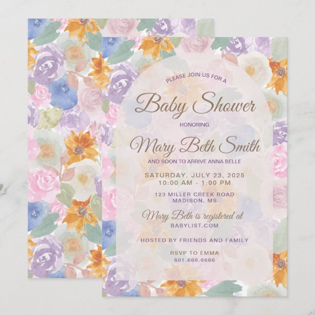 Invitación a Baby Shower con flores (Anverso / Reverso)