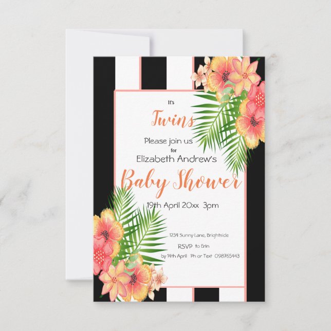 Invitación a Baby Shower con flores a rayas de gem (Anverso)